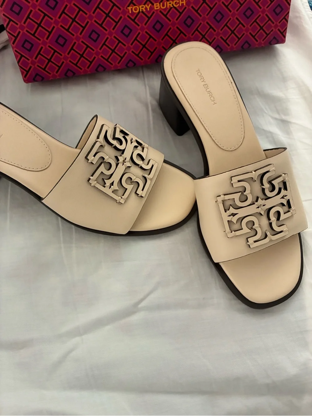 Tory Burch Beige Logo Slide Mules with Gold Accent